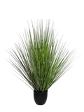 A artificial grass puppet with a bunch of swaying strands forming a plant-like shape, in a green color.
