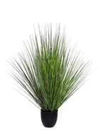 A artificial grass puppet with a bunch of swaying strands forming a plant-like shape, in a green color.